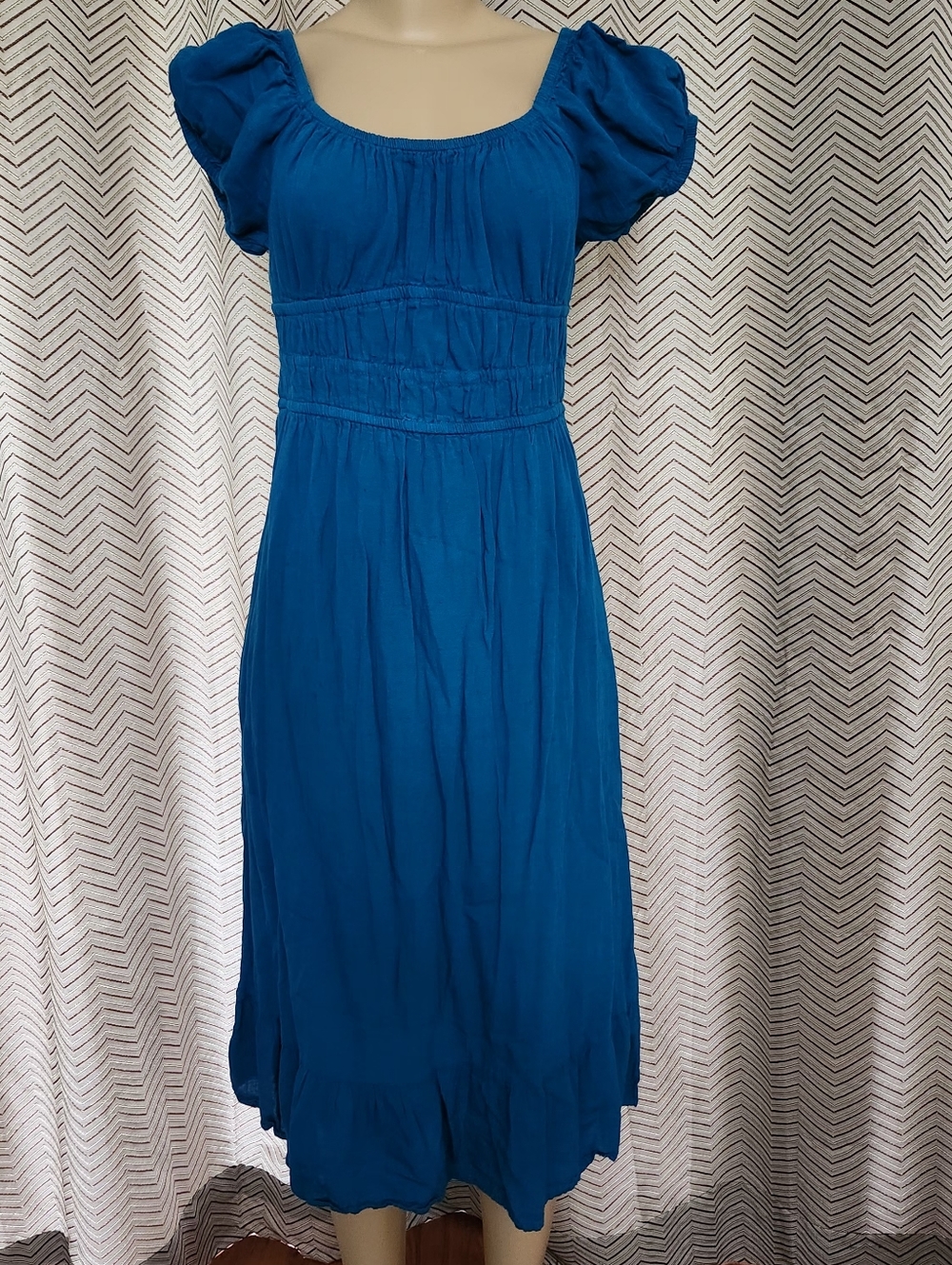 Teal Women’s Blue Puff-Sleeve Midi Dress with Smocked Waist